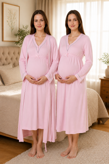 Effortt 4055 Pembe Biye Detaylı Sabahlıklı Lohusa Gecelik Takımı